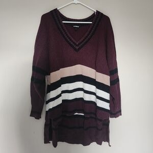 Express Oversized V-Neck Hi Low Sweater Maroon White Stripes Womens Small